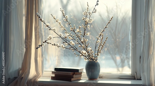 Vase with pussy willow branches and books on windowsill in room --ar 16:9 Job ID: de7ef49f-c719-47e0-8c3a-c039ab6ee37d