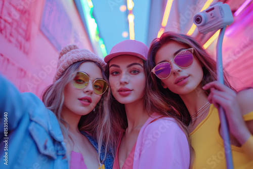 Three young women taking selfie in front of colorful lights at night