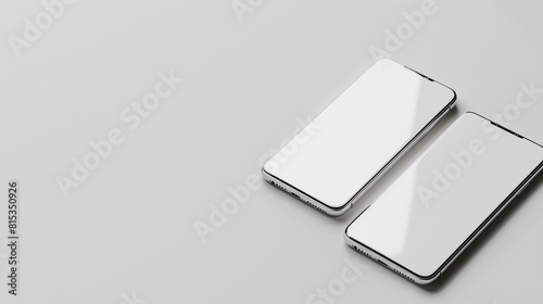 Two white smartphones placed on a white surface.