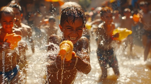 Songkran festivities with an epic water fight featuring crowds of children playing with water blasters and buckets.