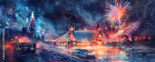 A breathtaking night panorama featuring Tower Bridge, a skyline lit up by fireworks, and a suitcase adding a travel element