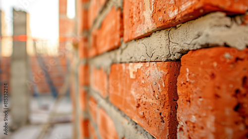 Brickwork in a house under construction in close-up. Control at the construction site. Bricks and cement mortar in close-up.