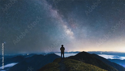 夜空 星空 星座 天の川 少年 シルエット 山 風景 イメージ 3dcg イラスト素材