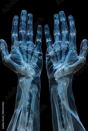 Anatomical X-ray Photograph of Human Hands Showcasing Bones and Joints in Striking Clarity with Cool Blue Tonality