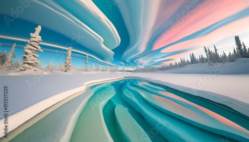 This image shows a surreal, wide-angle snowscape with snow-covered trees and vibrant, colored swirls in the sky, creating a dreamlike winter scene.