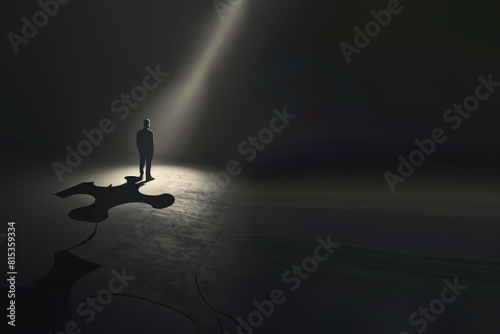 Homme d'affaire dans le noir, sous la lumière d'un projecteur, l'éclairant et formant derrière lui une ombre en forme de pièce de puzzle. Espace négatif, copyspace. Symbole morcellement, burn out, 