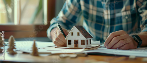 A man reviewing housing finance document with a small model house on the table, Concept of property investment and real estate management.
