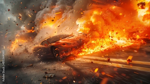 Dramatic Depiction of Catastrophic Car Crash with Fiery Explosions and Billowing Smoke Intense and Chaotic Scene Ideal for Action Content
