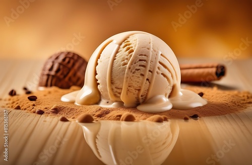 Cappuccino flavored ice cream is a full frame background detail. Close-up of beige surface texture of cappuccino ice cream, top view