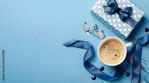 ather's Day concept. Top view photo of polka dot gift box with satin ribbon bow cup of coffee cufflinks and blue necktie on isolated blue background with left side space to write a text 