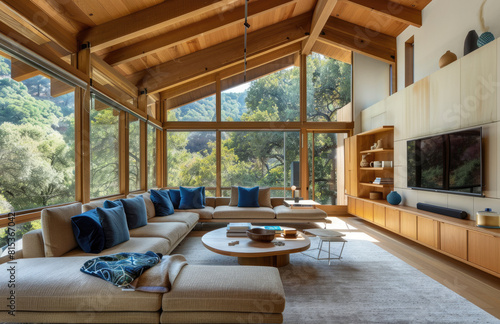 Photo of a modern living room in a Big Sur home, with white walls and light wood ceiling beams. Created with Ai