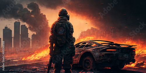 A lone soldier stands with his back to the camera against the backdrop of a burned-out modern city. The soldier looks doomedly at the consequences of the use of nuclear weapons. Post-nuclear world.