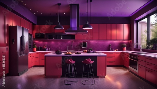 Modern kitchen with bold red cabinets and pops of vibrant purple. Revel in the grandeur of a spacious refrigerator, sleek island, and stunning windows.
