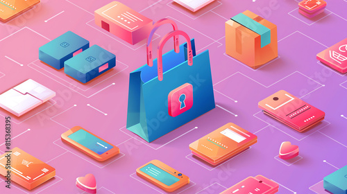 ecommerce shopping bag surrounded by various icons different types of products, mobile phones, laptops, boxes, security elements padlock symbolizing safety in online sales