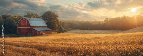 The golden rays of the setting sun cast a warm and peaceful glow over the idyllic rural landscape