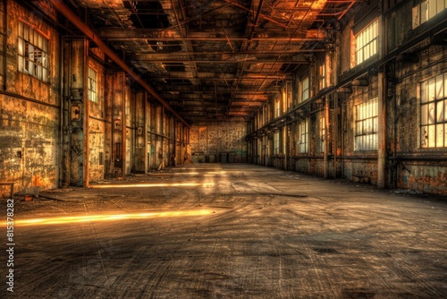 Empty industrial warehouse with weathered walls, exposed beams, and scattered debris