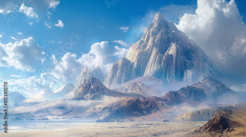 Majestic mountain landscape with snow-capped peaks and a deep blue sky.