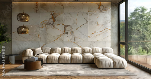A modern living room with marble walls and wood floors.