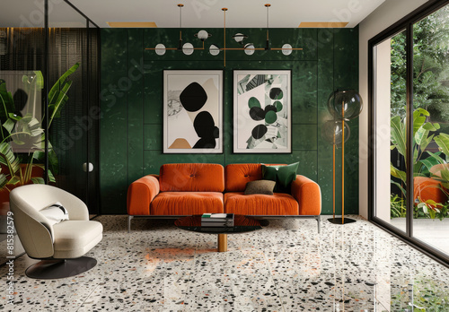 A green and white terrazzo floor, a retro sofa in orange velvet fabric, three abstract paintings on the wall in the style of different artists, plants. Created with Ai