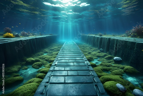underwater stone pathway leading into the blue depths with Sunbeams, illuminating the scene. serene and tranquil. perfect for themes related to deep sea exploration and nature. generative ai
