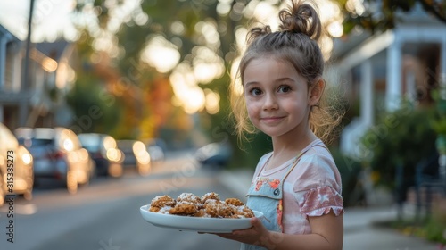 A young girl holds a plate of beignets in front of a blurred background of a city street.