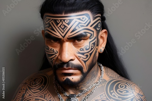  a portrait of a maori man, 40s, moko facial tattoo. gang member