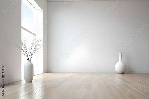 White empty minimalist room interior with vase on a wooden floor, decor on a large wall, white landscape in window. Background interior. Home nordic interior. 3D illustration