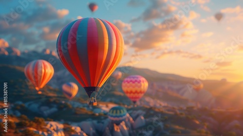 Colorful hot air balloons fly in blue sky over amazing valleys with fairy chimneys in Cappadocia, Turkey
