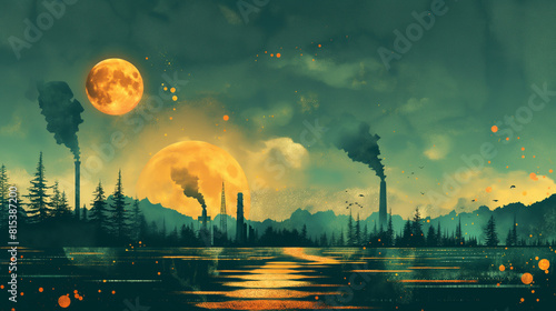 The full moon rises over a lake, casting a golden glow on the water. The sky is dark and clear. The factory in the distance is barely visible in the moonlight.