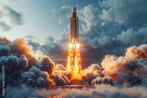 A rocket launch with smoke and flames, representing the beginning of new marketing ideas or innovation in advertising campaign. Created with Ai