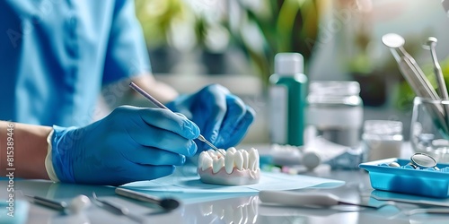 close-up of a dentist's hands meticulously sculpting replica of a human tooth on a well-lit workbench, surrounded by dental tools