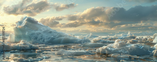 The cold ice and snow of icebergs evoke environmental awareness, captured through a wide-angle lens.