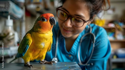 a focused veterinarian examining a colorful parakeet on a clinical examination table, with medical equipment in the background
