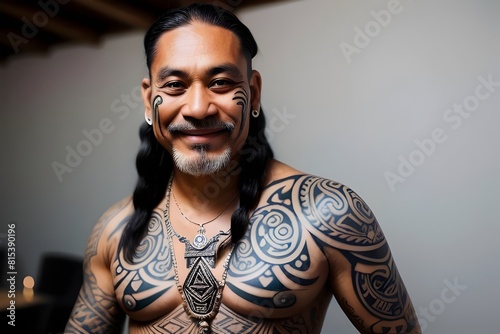  a portrait of a maori man, 40s, moko facial tattoo. gang member