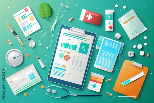 a flat lay medical-themed illustration featuring an assortment of medical supplies and instruments.