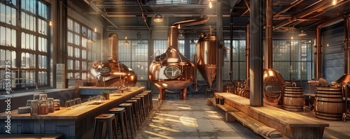 The interior of a modern craft distillery with shining copper stills, pipes, and distillation equipment reflecting sunlight.