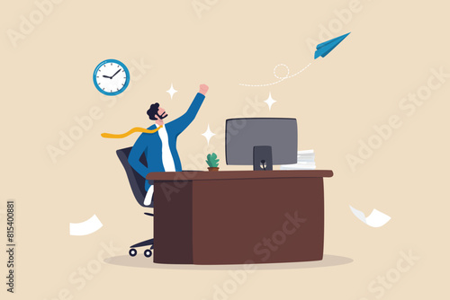 Success leadership or positive office atmosphere, winning work strategy, happiness in workplace or career development, work satisfaction concept, happy businessman working with office computer desk.