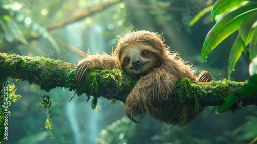 Close-up of small baby sloth relaxing over a branch