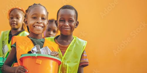 Smiling African children wearing bright vests actively participate in a recycling program, holding buckets of recyclable materials, fostering community and environmental care.