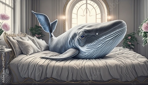 ベッドルームでベッドに横になるリアルなクジラ