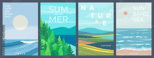 Summer nature landscape poster, cover, card set with sea view, sunny beach, mountains, forest, lake and fields and typography design. Summer holidays, vacation travel illustrations.