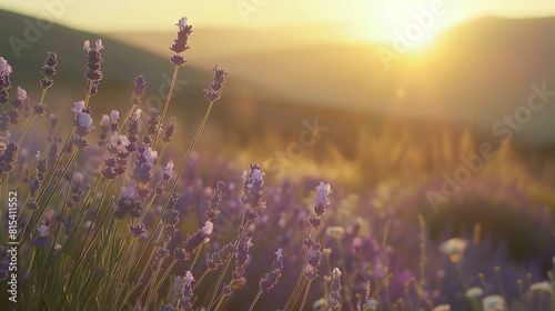 Image description: A field of lavender in bloom at sunset. The sun is setting behind the hills in the distance, casting a warm glow over the field.
