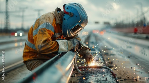 A welder installing and securing metal barricades along a highway.