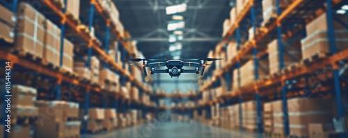 a drone navigating a warehouse with boxes, blurred background, focusing on shipping, quantum algorithms, and delivery solutions