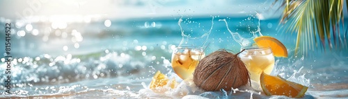 Coconut with glasses and splashing cocktails in the sea, beach banner with copy space, sunlight reflections, blue sky, and bokeh effect for a summer vacation feel