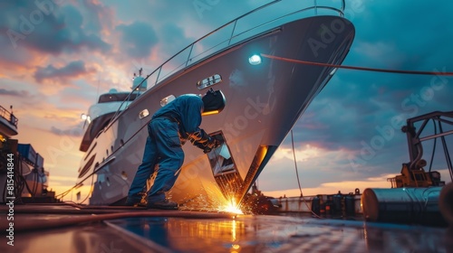 A welder detailing metalwork on a custom-built luxury yacht.