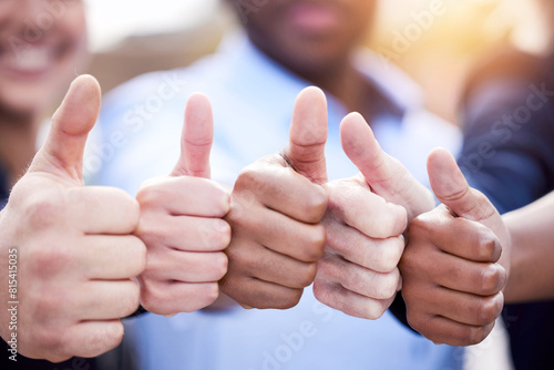 Business, people and thumbs up in outdoor together, approval and ok sign for support or collaboration good news. Achievement, thank you and emoji with employee, company mission and work review