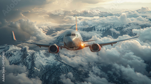 Commercial airliner soaring through cloudy overcast sky. Snow capped mountain range below. Twin turbine airliner. Aviation. Travel. Airplane. Tourism.