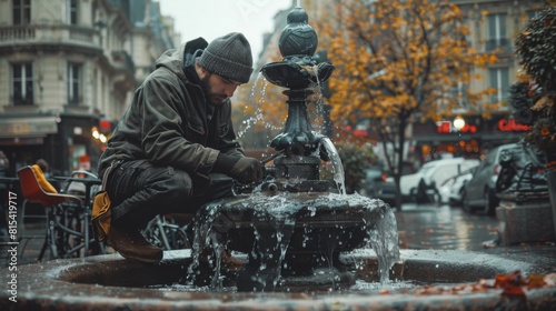 A plumber repairing a water fountain in a city square.