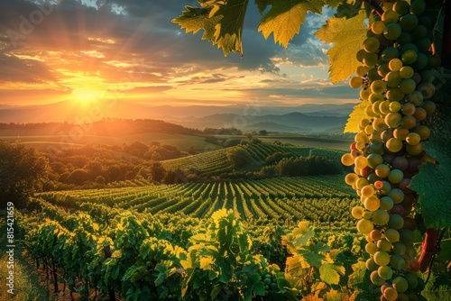 Warm sun rays on juicy grapes. Concept of grape harvesting season, viticulture